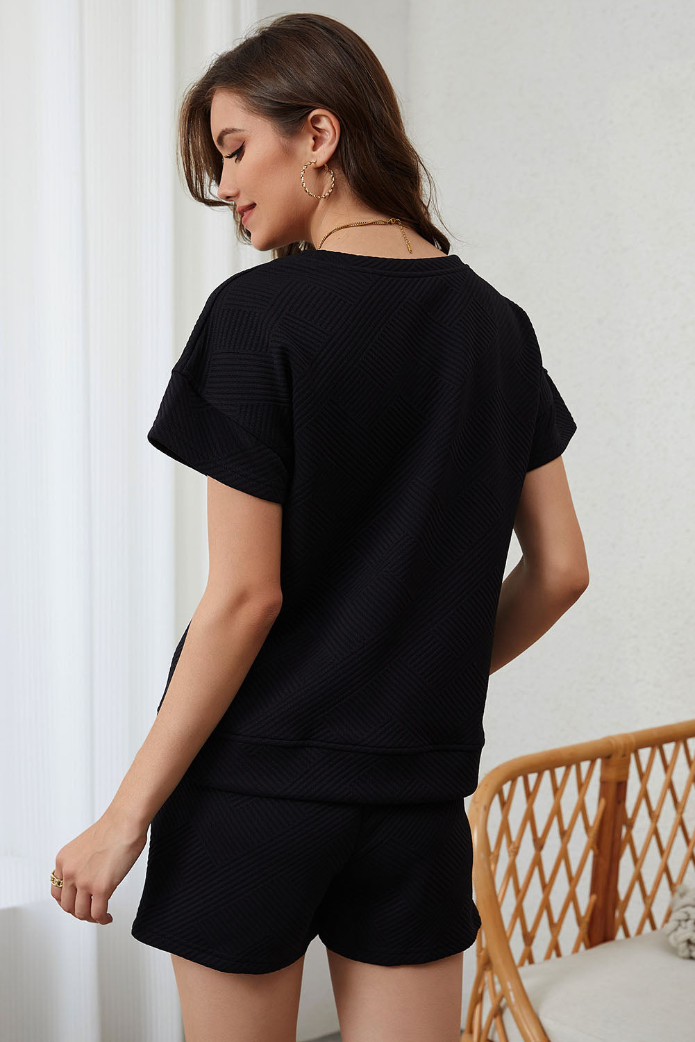 Solid Textured Drawstring Shorts Set