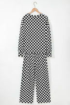 Black Checkered Print Long Sleeve Top and Pants Lounge Set