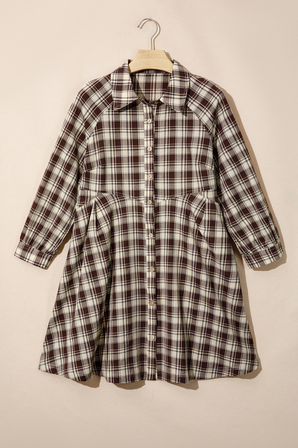 Brown Plaid Long Sleeve Short Shift Mini Dress