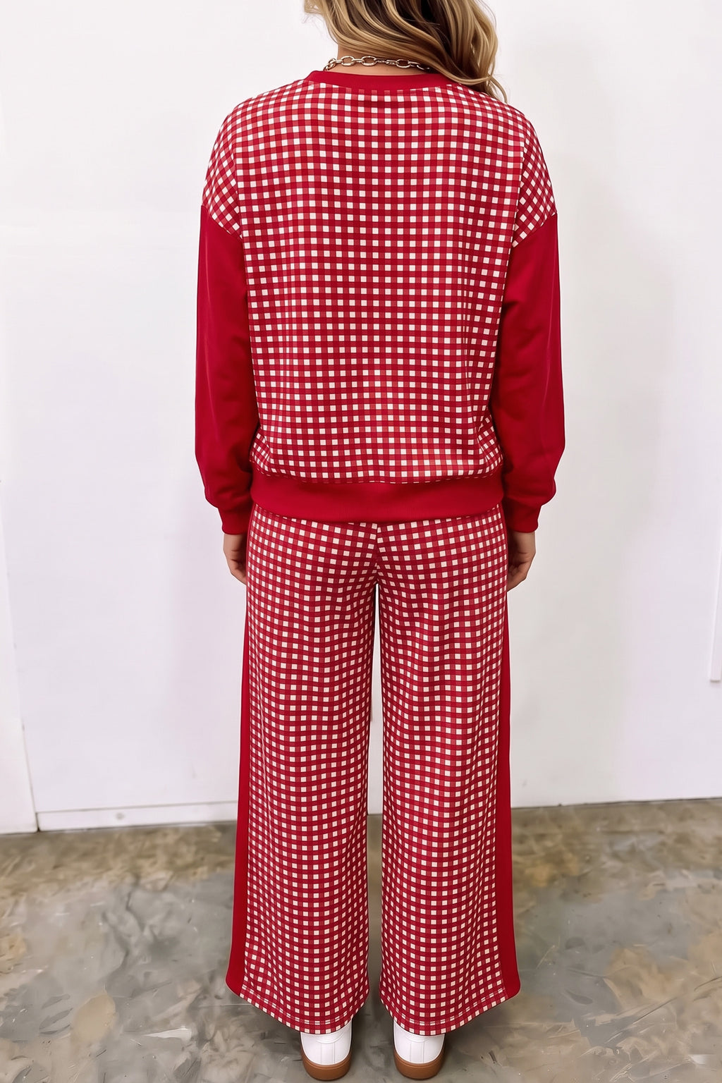 Green Color Block Plaid Patchwork Long Sleeve Pullover Wide Leg Pant Set