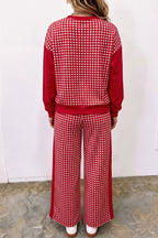 Green Color Block Plaid Patchwork Long Sleeve Pullover Wide Leg Pant Set