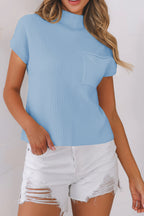 Patch Pocket Ribbed Knit Short Sleeve Sweater
