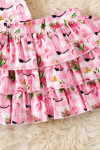 Pink Western boot printed crop top and 3 tiered layered skort. OFG61001 SOL