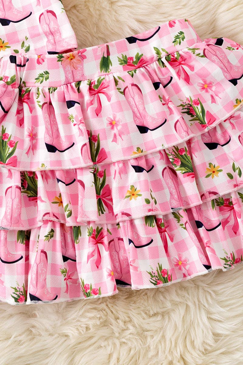 Pink Western boot printed crop top and 3 tiered layered skort. OFG61001 SOL