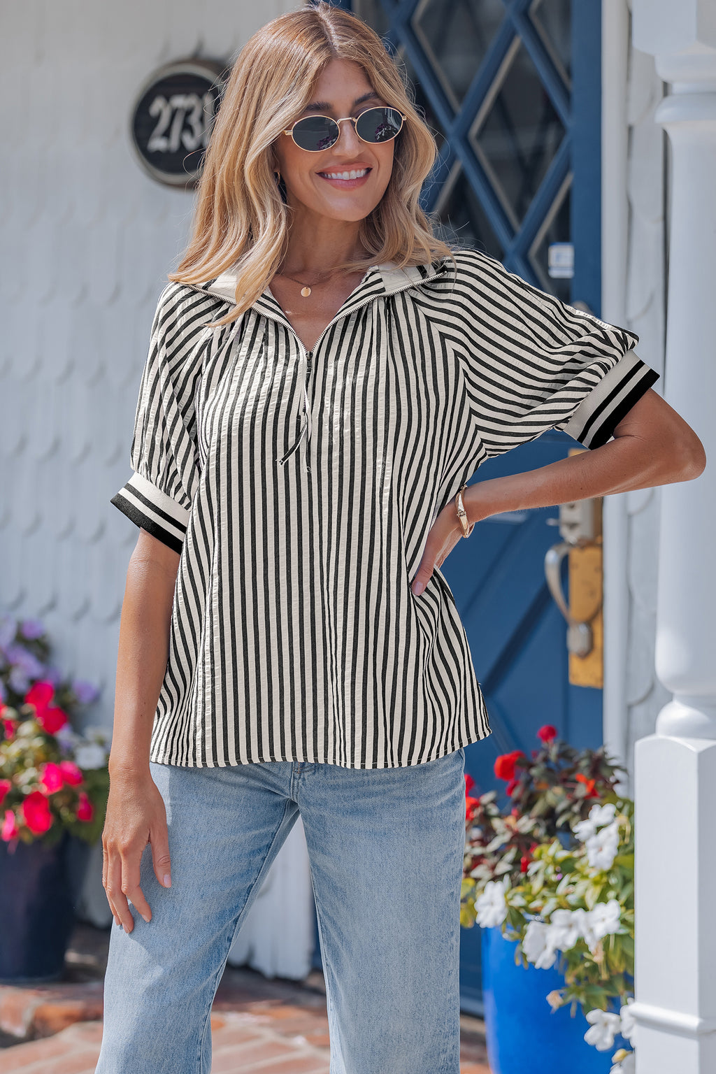 Black Stripe Polo Collar Half Zip Short Puff Sleeve Blouse