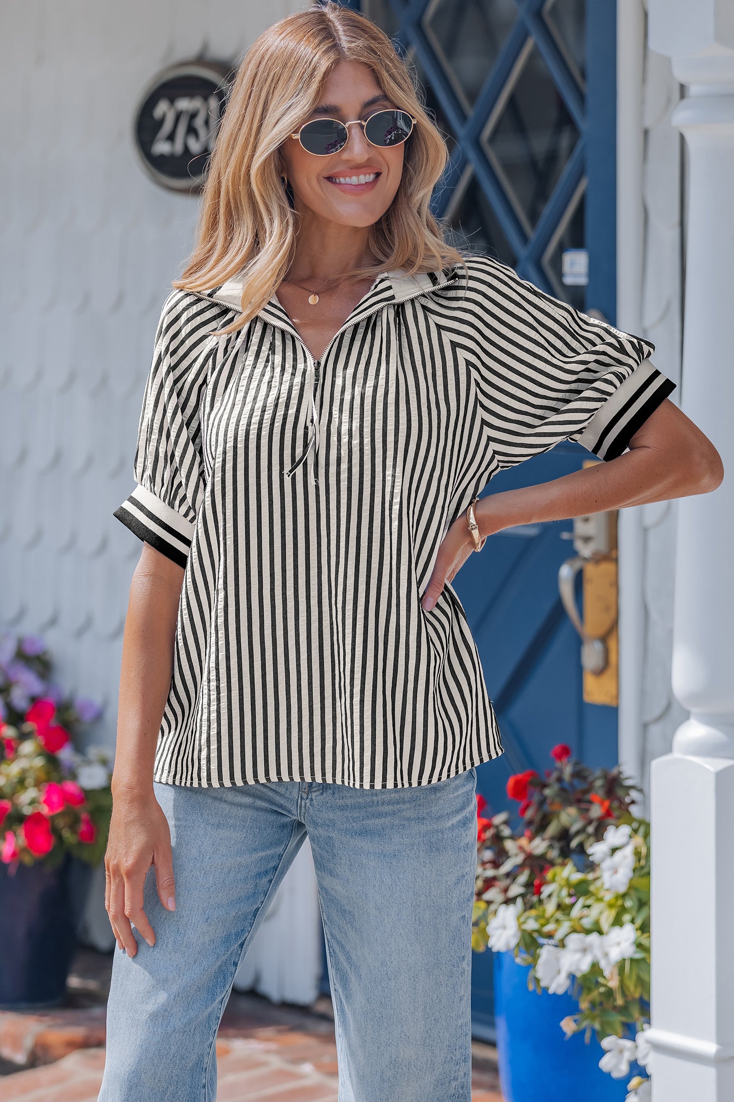 Black Stripe Polo Collar Half Zip Short Puff Sleeve Blouse
