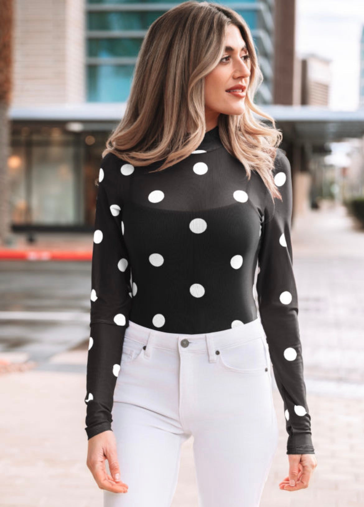 Black vintage polka dot print mesh long sleeve body suit