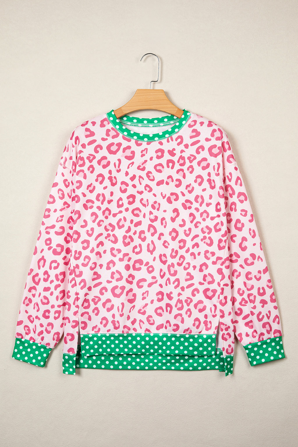 Pink Leopard Polka Dot Colorblock Trim Long Sleeve Top