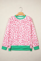 Pink Leopard Polka Dot Colorblock Trim Long Sleeve Top
