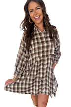 Brown Plaid Long Sleeve Short Shift Mini Dress