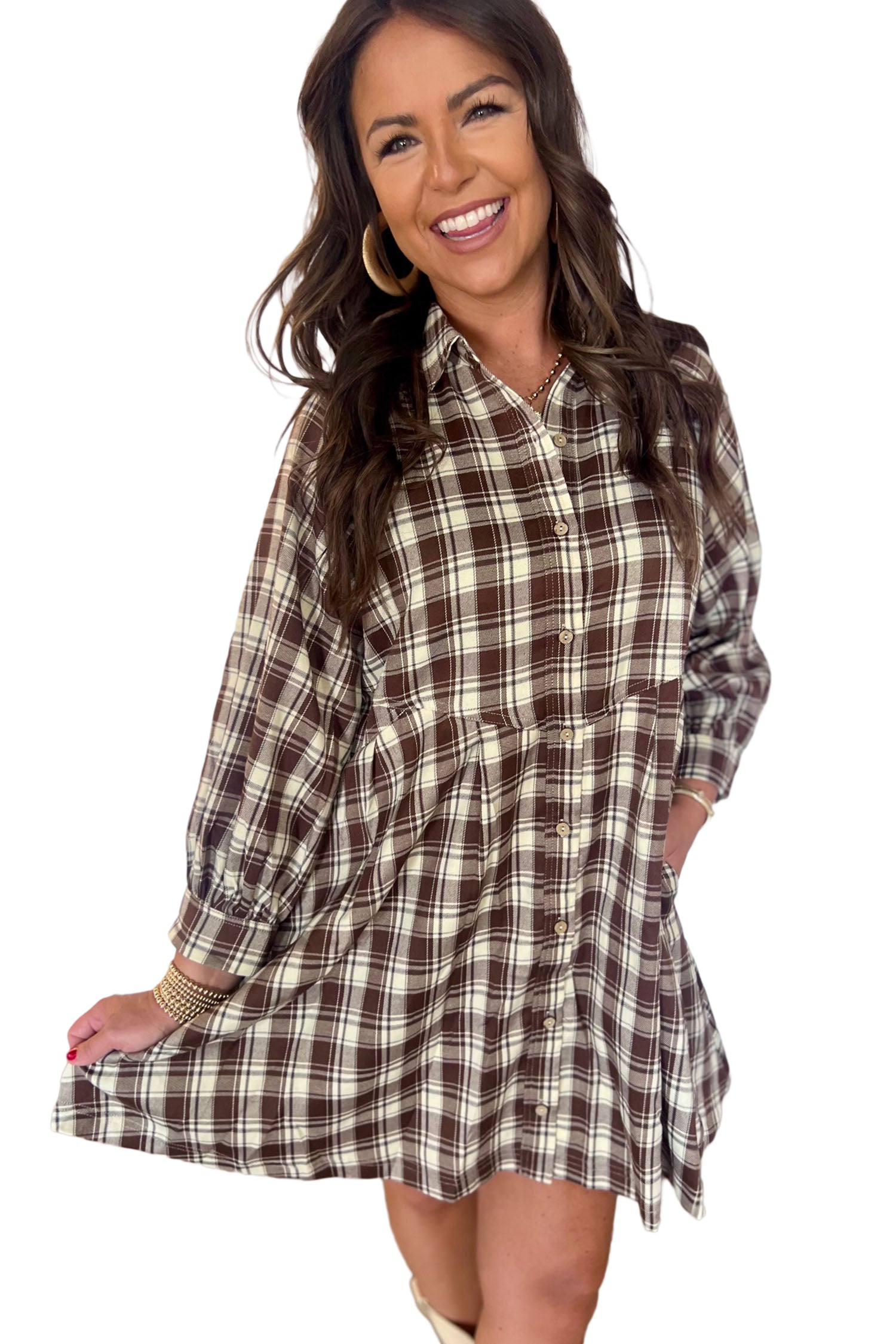 Brown Plaid Long Sleeve Short Shift Mini Dress