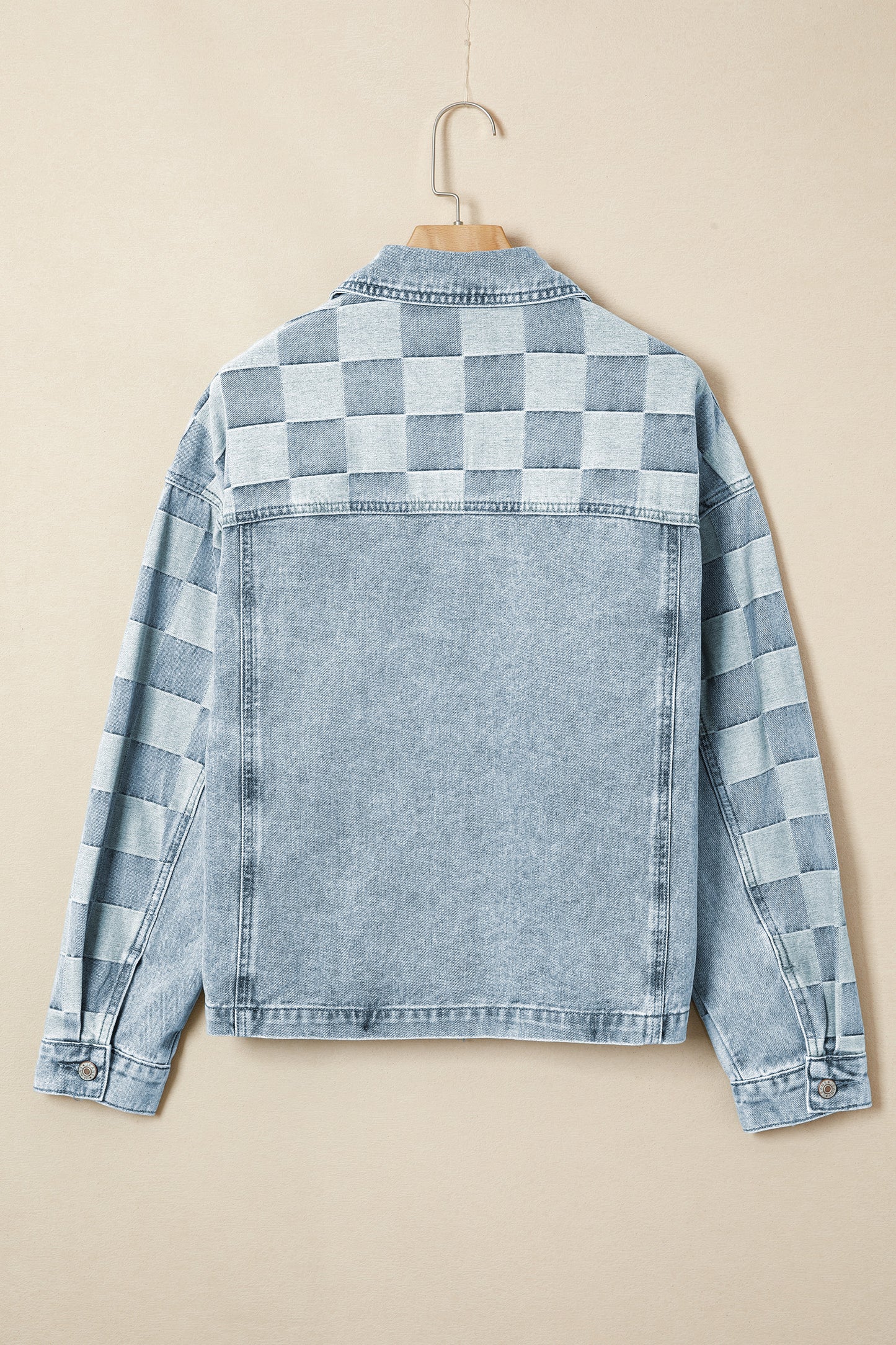 Beau Blue Denim Checkered Pattern Patchwork Womens Casual Jacket