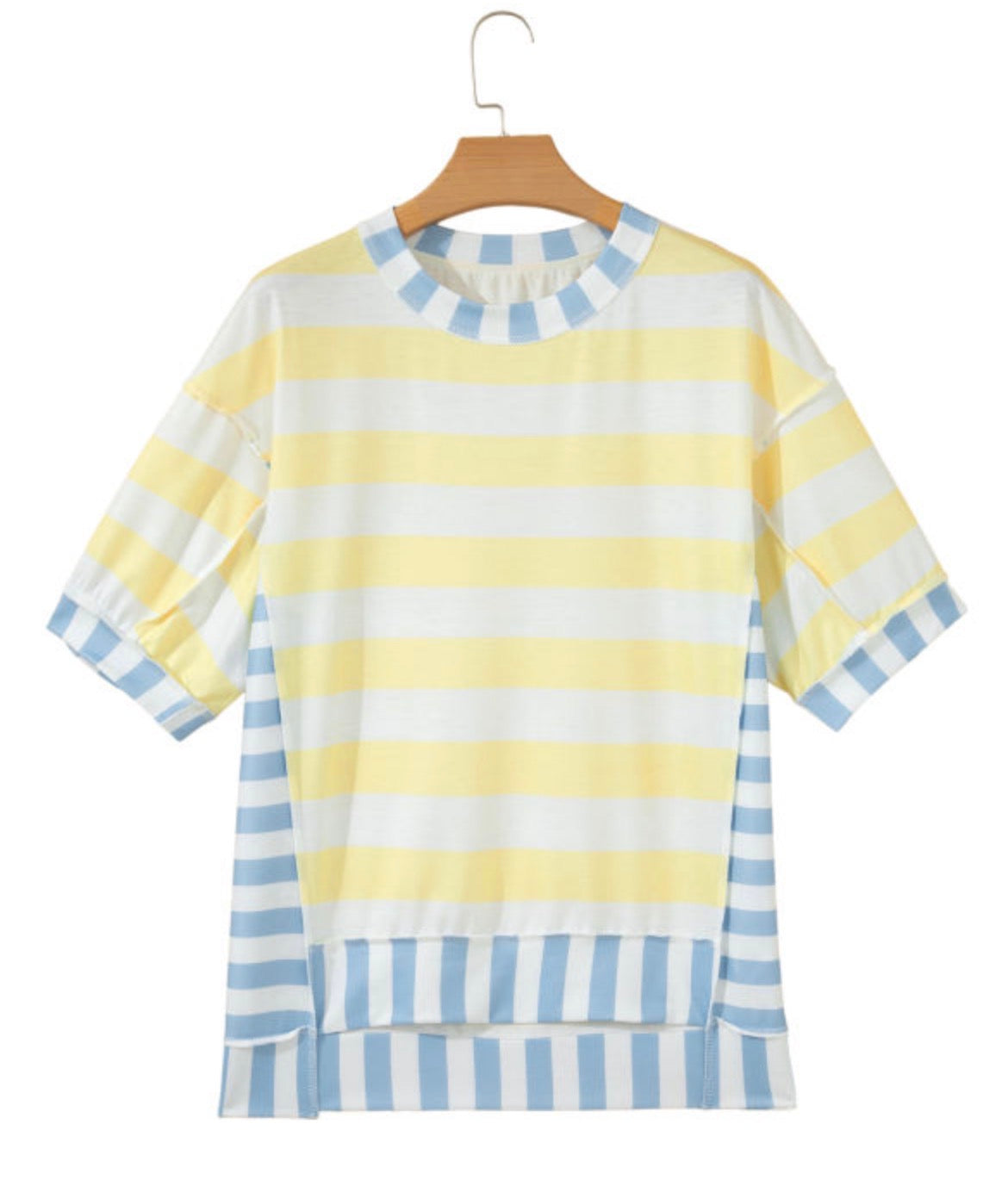 Yellow stripe exposed seam contrast patchwork oversized top