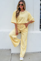 Lace Patchwork Half Sleeve Top Elastic Waist Pants Two Piece Set