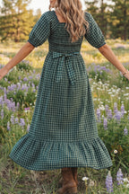 Green Plaid Square Neck Shirred High Waist Ruffle Hem Dress