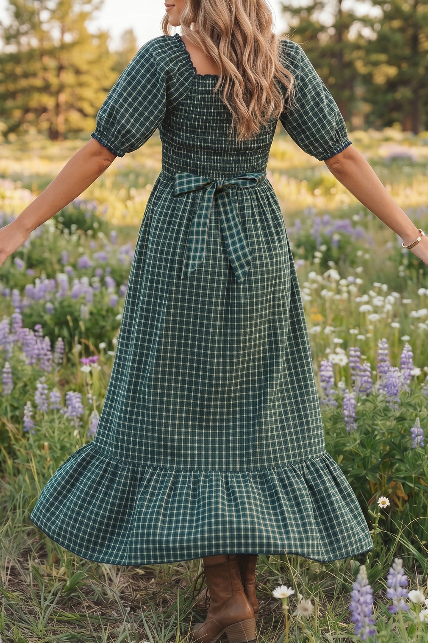 Green Plaid Square Neck Shirred High Waist Ruffle Hem Dress