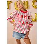 GAMEDAY THEME STRIPE KNIT TOP WITH SLEEVE PATCHED