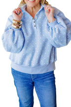 Sky Blue Polka Dot V Neck Metal Button Long Sleeve Shift Plus Size Sweatshirt