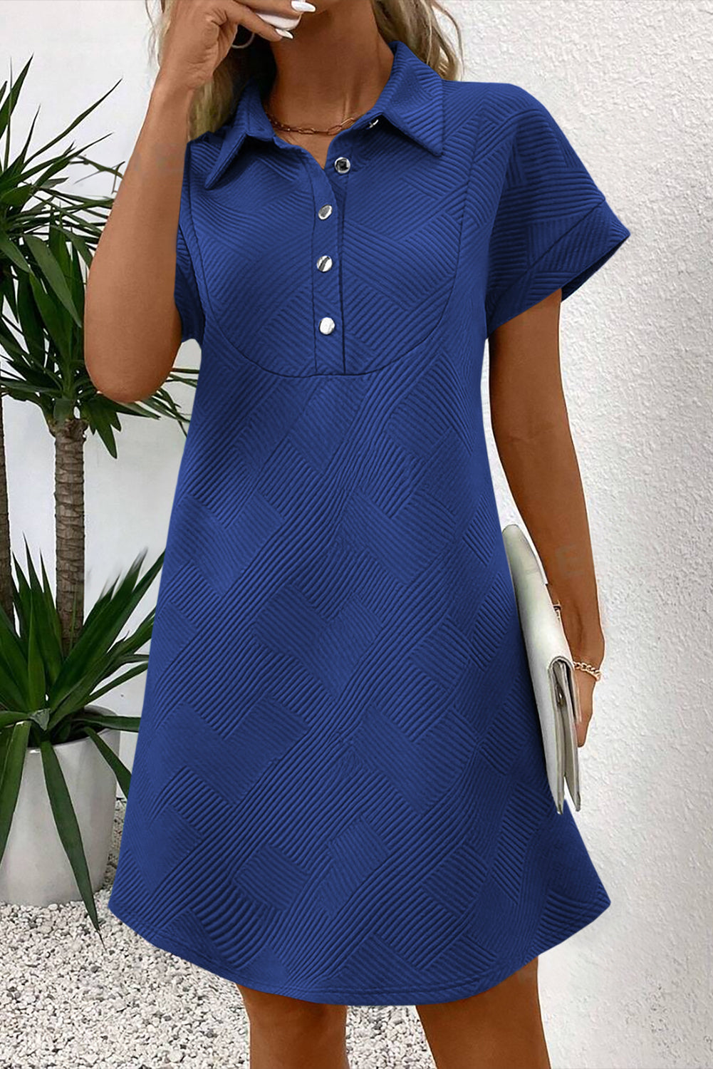 Solid Color Textured Short Sleeve A Line Mini Dress