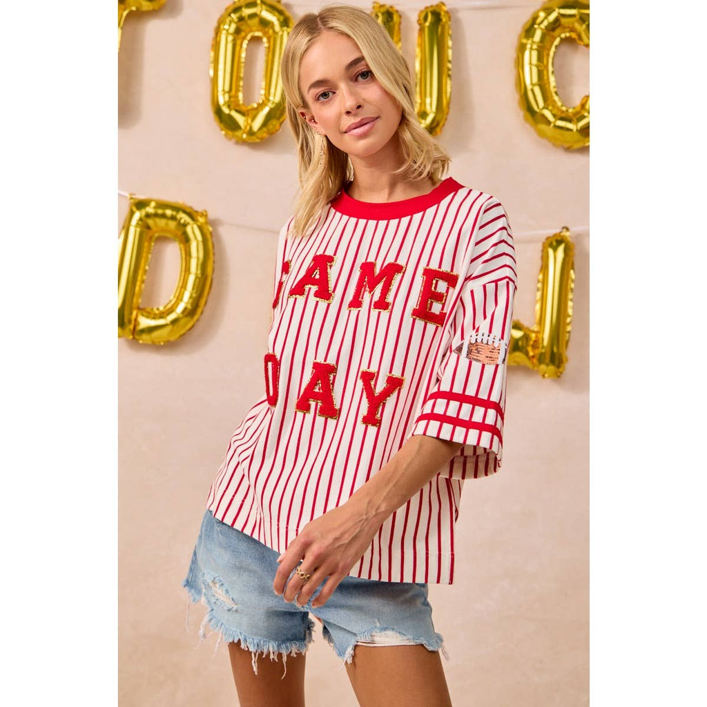 GAMEDAY THEME STRIPE KNIT TOP WITH SLEEVE PATCHED