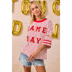 GAMEDAY THEME STRIPE KNIT TOP WITH SLEEVE PATCHED