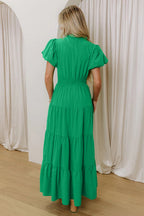 Solid Color V Neck Short Puff Sleeve High Waist Tiered Maxi Dress