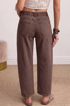 Square patch pocket ankle-length barrel jeans from Dear-Lover, showing the fitted denim with patch accents and cropped hem.