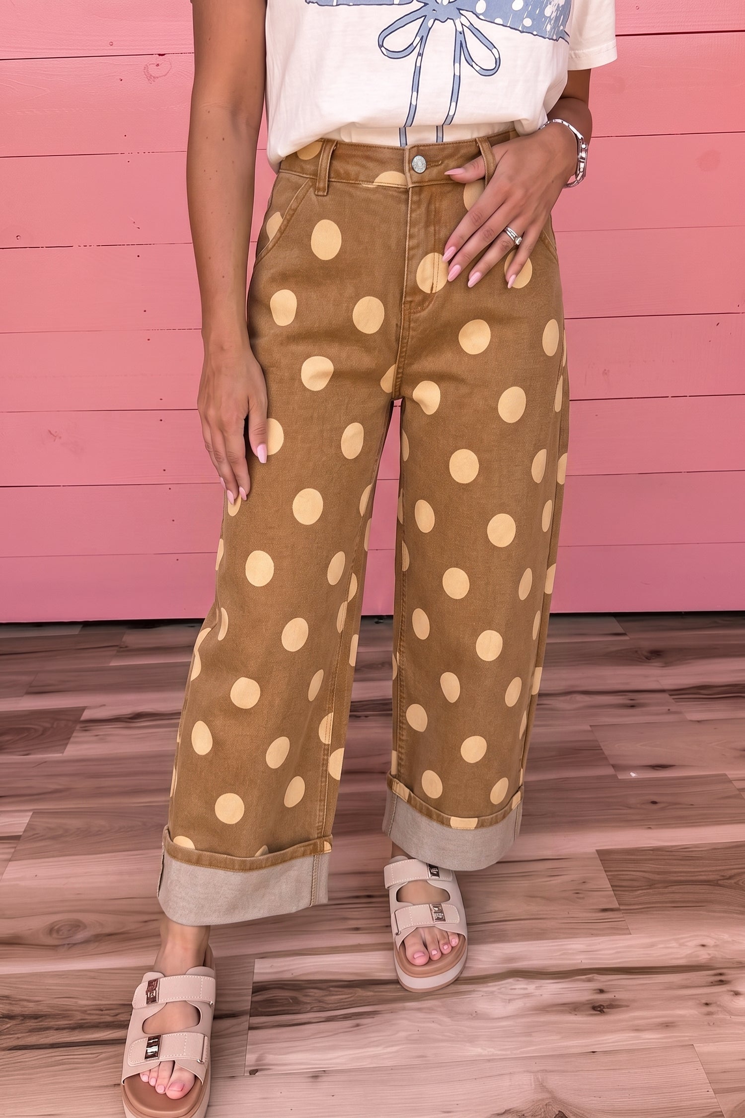 Polka Dot Ankle-Length Metal Button Casual Jeans