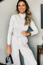 Light Grey Long Sleeve High Neck Slim Top Smocked Waist Central Seam Pants Set
