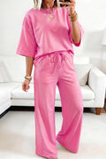 Lace Patchwork Half Sleeve Top Elastic Waist Pants Two Piece Set