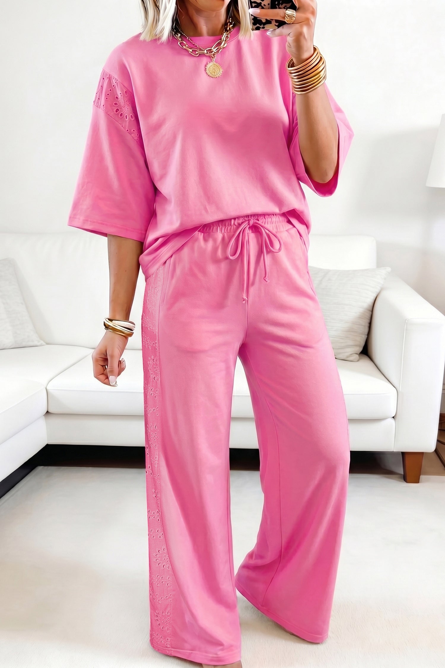 Lace Patchwork Half Sleeve Top Elastic Waist Pants Two Piece Set