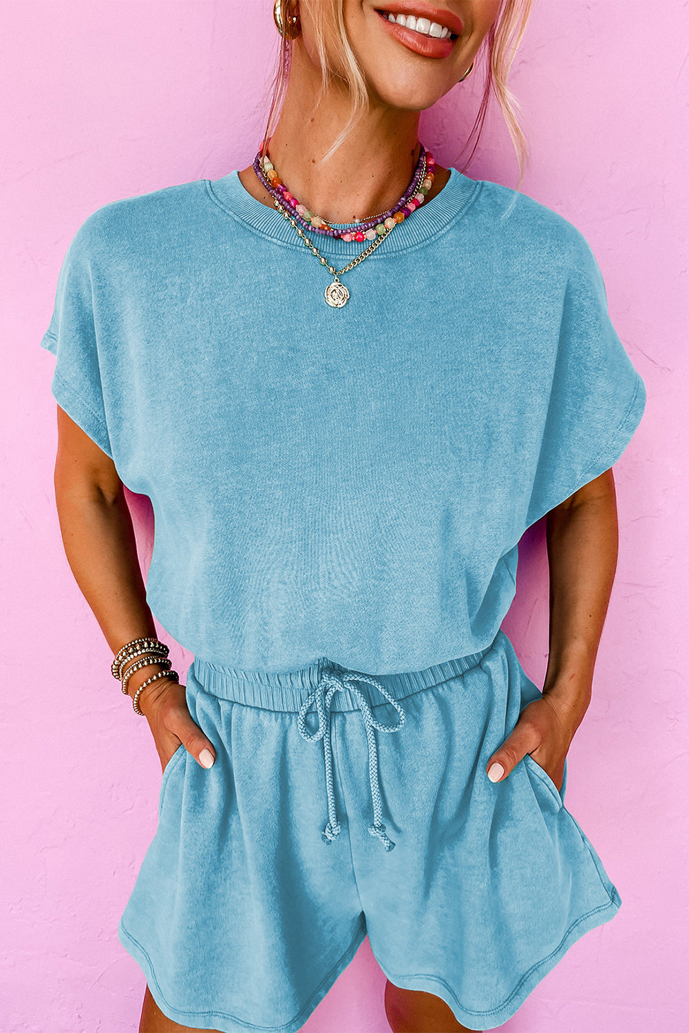Mineral Wash Drawstring Elastic Waistband Hollow Out Back Short Sleeve Romper