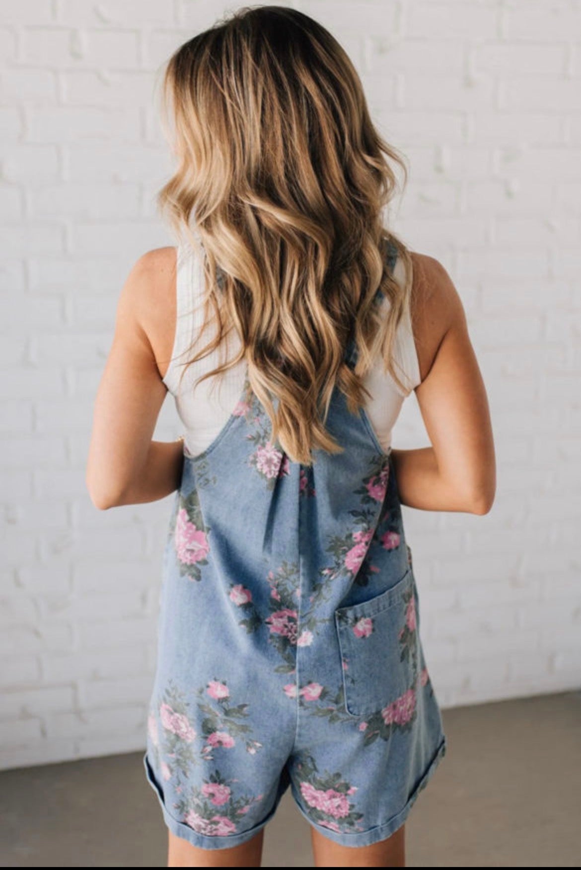 Floral print denim short overalls