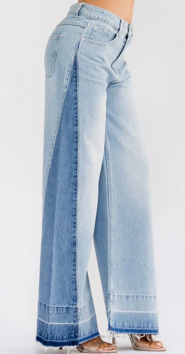 Two Tone Denim Wide Leg Pants