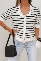 Beige Stripe Ruffle Trim Button Down Knit Short Sleeve Sweater Cardigan