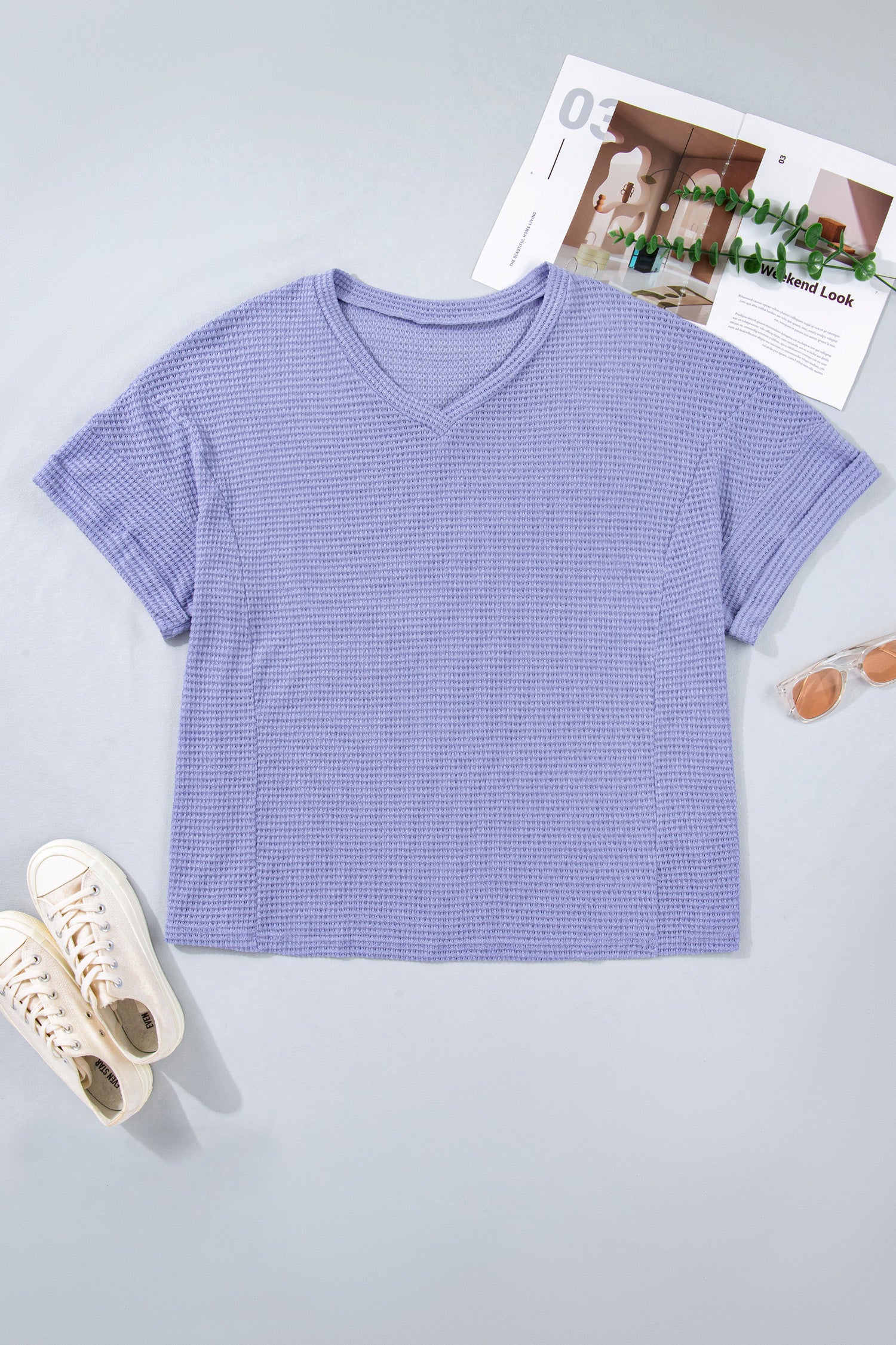 Wisteria V Neck Short Sleeve Plus Size Waffle Knit Top