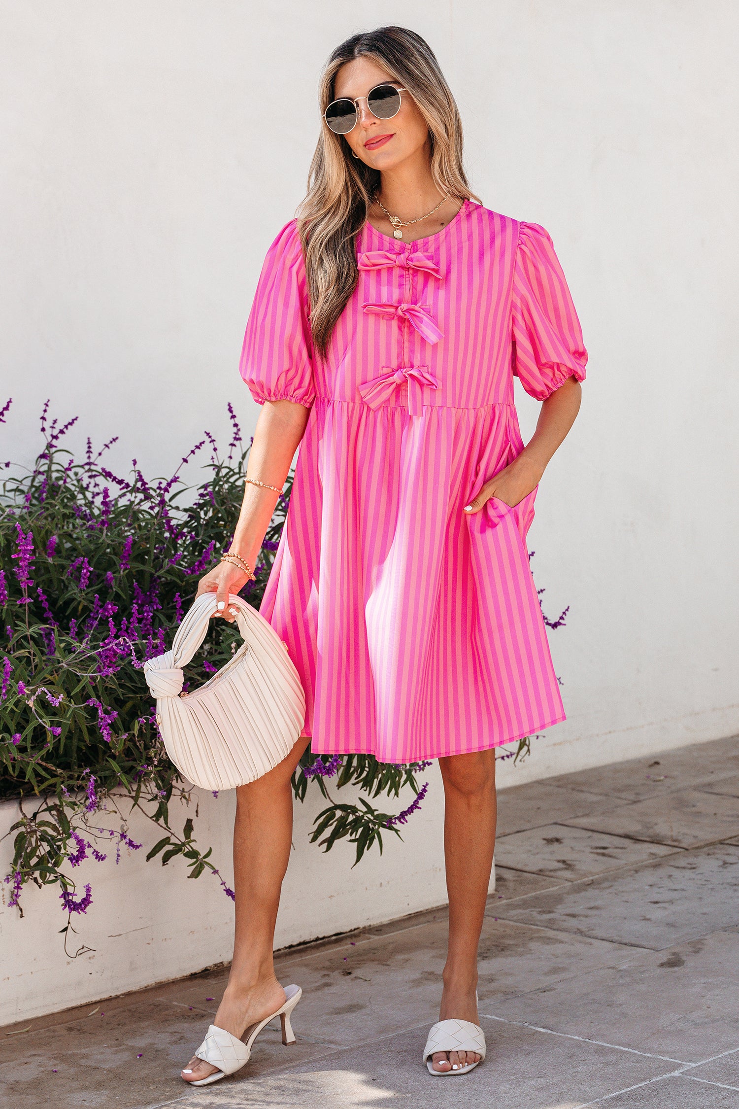 Rose Striped Print Bow Detail Short Puff Sleeve Mini Dress