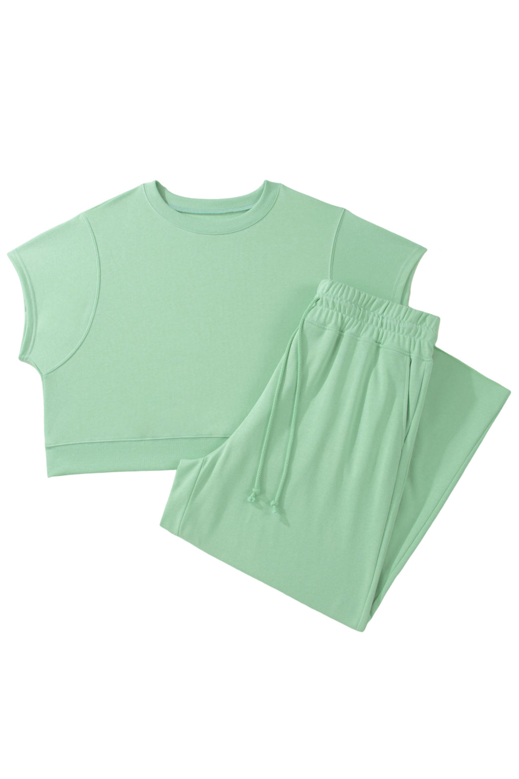 Mist Blue Solid Color Ribbed Trim Short Sleeve Top Drawstring Loose Pants 2pcs Outfit
