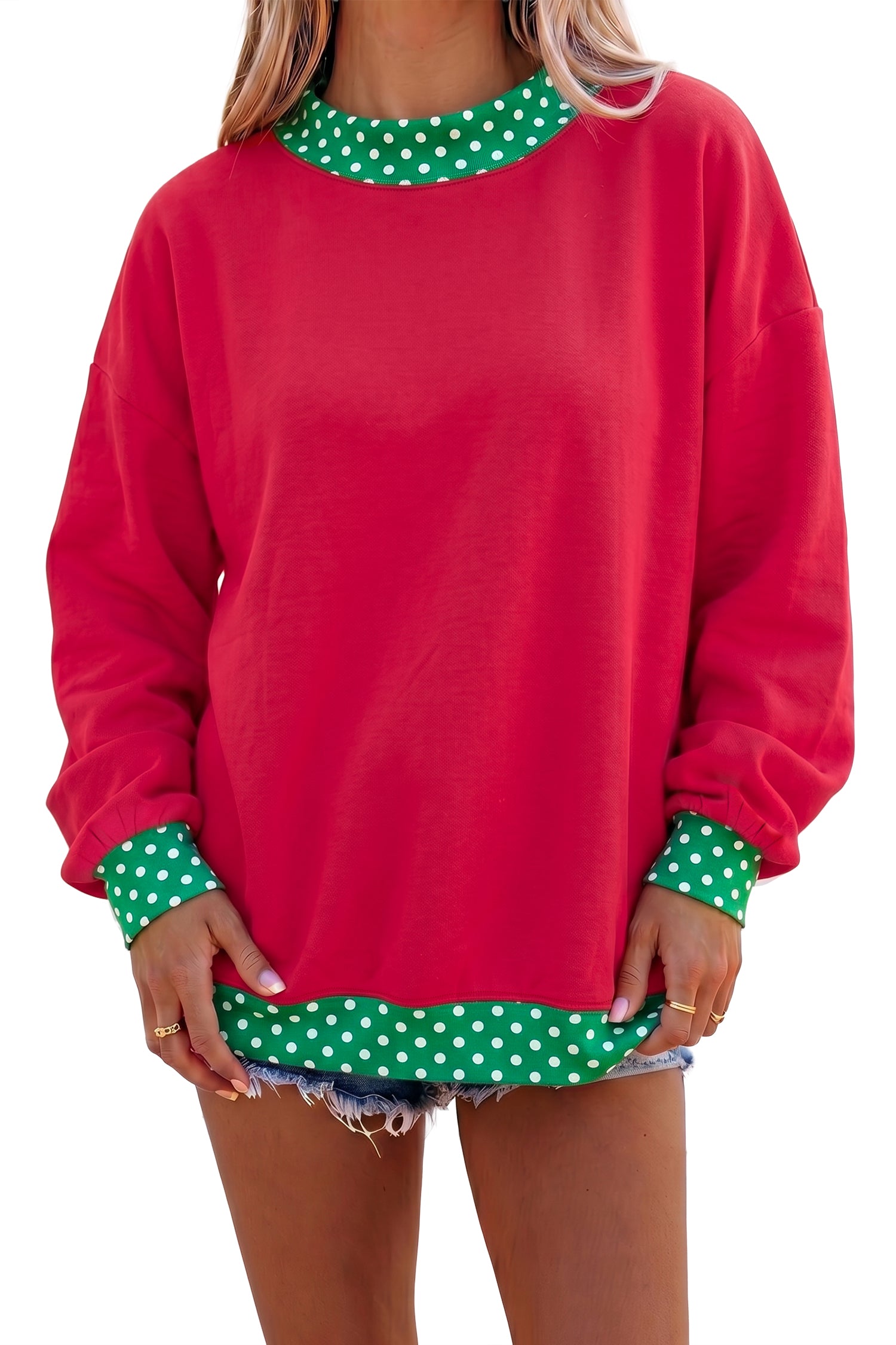 Racing Red Colorblock Polka Dot Contrast Trim Oversized Sweatshirt