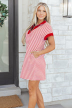 Red Stripe Quarter Zip Polo Collar T Shirt Dress with Pockets