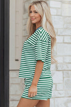 Rose Stripe Drop Shoulder Boxy Casual Terry Short Set