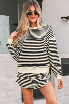 Stripe Textured Drop Shoulder Pullover Top Drawstring Mini Skort Two Piece Dress Set