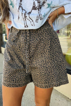 Black Leopard Print Loose Denim Shorts