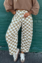 White Checkered Print Denim Barrel Pants