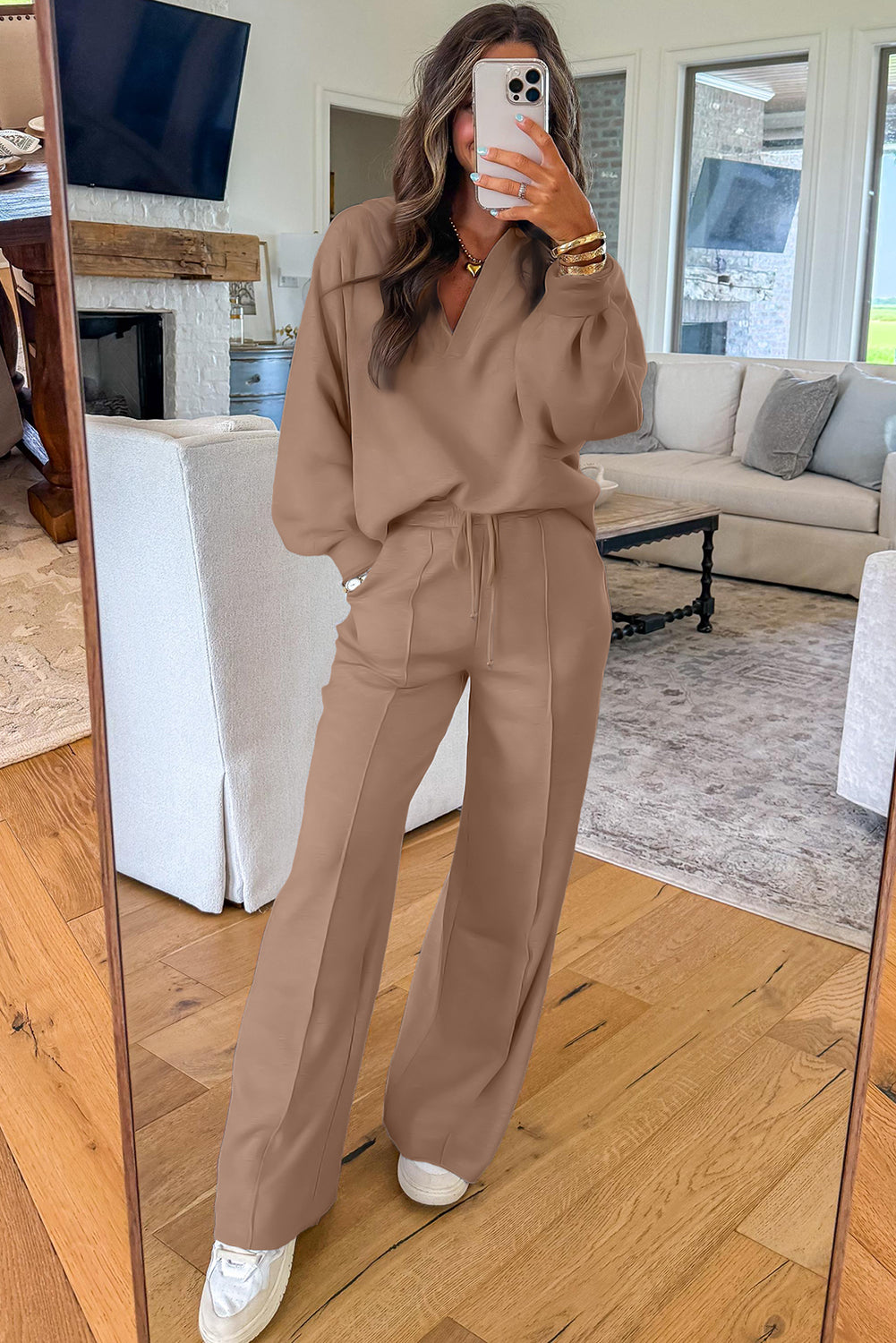 Polo Collar V Neck Pullover and Drawstring Sweatpants Set