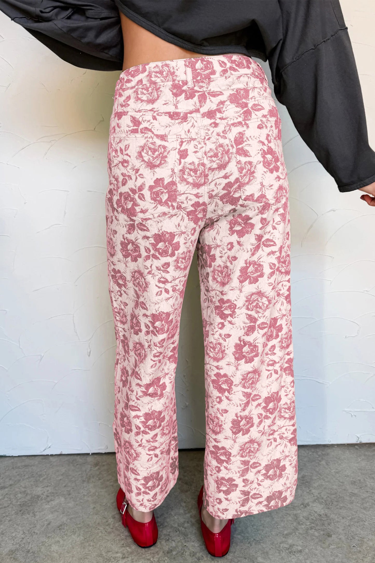 Pink Vintage Floral Print Denim Shift Pants