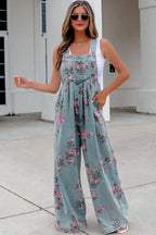 Beau Blue Floral Print Pleated High Waist Wide Leg Denim Jumpsuit