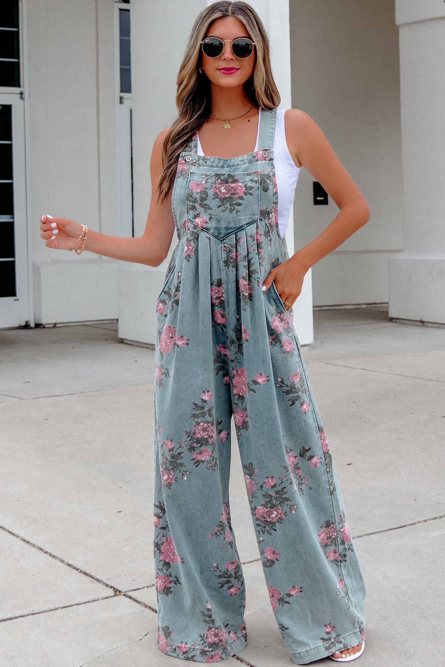 Beau Blue Floral Print Pleated High Waist Wide Leg Denim Jumpsuit