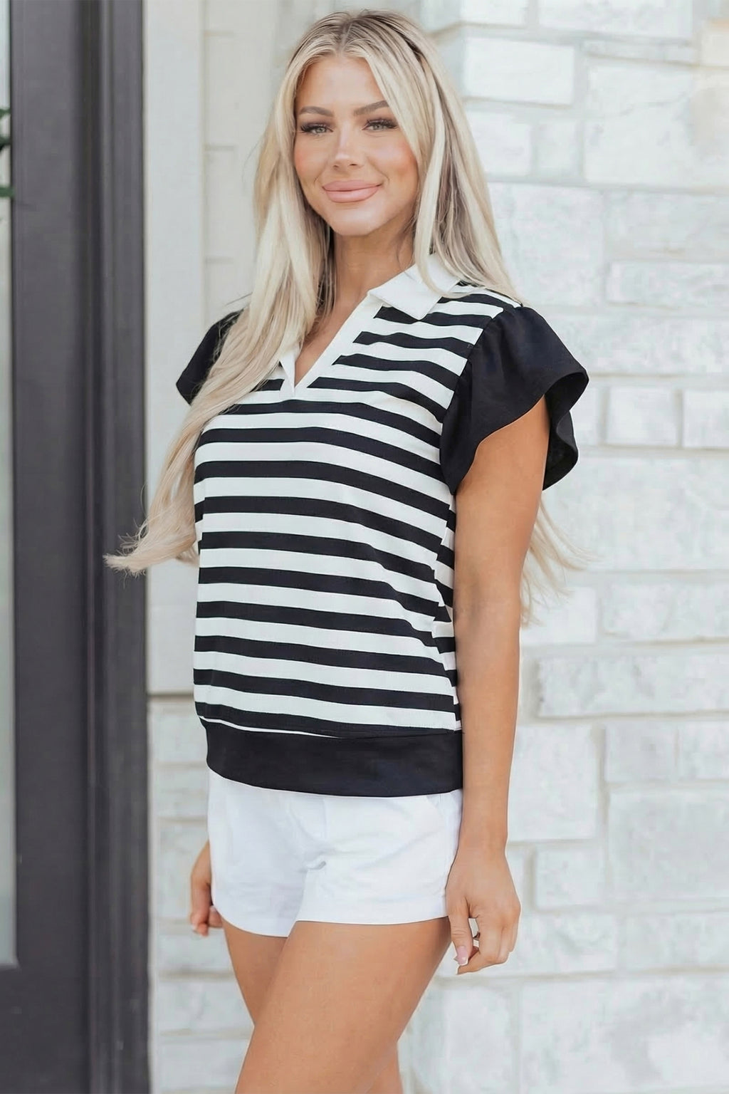 Black Stripe Collar V Neck Ruffled Short Sleeve Blouse