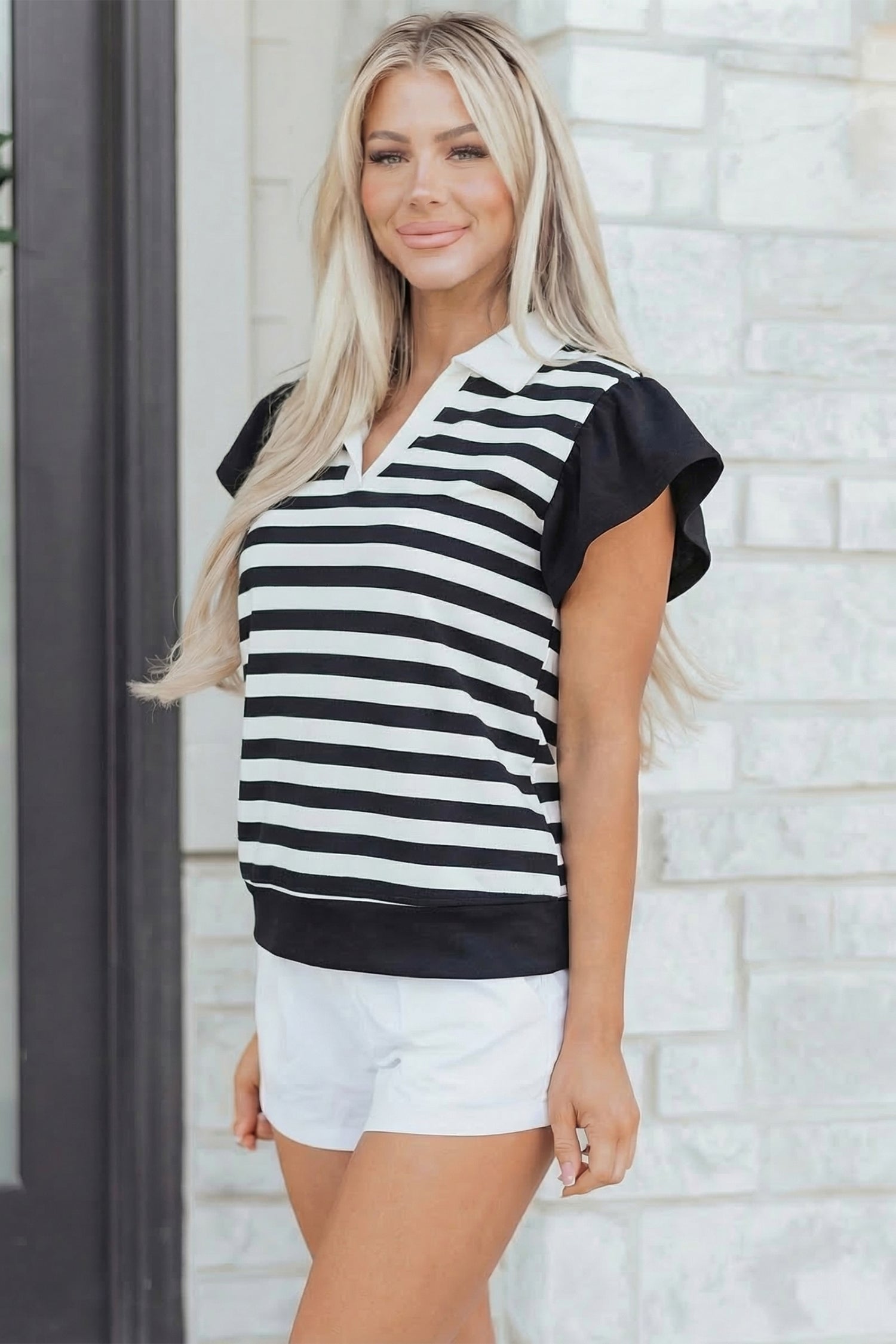 Black Stripe Collar V Neck Ruffled Short Sleeve Blouse